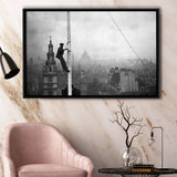London Cityscape Black And White Print, City Worker Vintage Framed Canvas Prints Wall Art Home Decor,Floating Frame