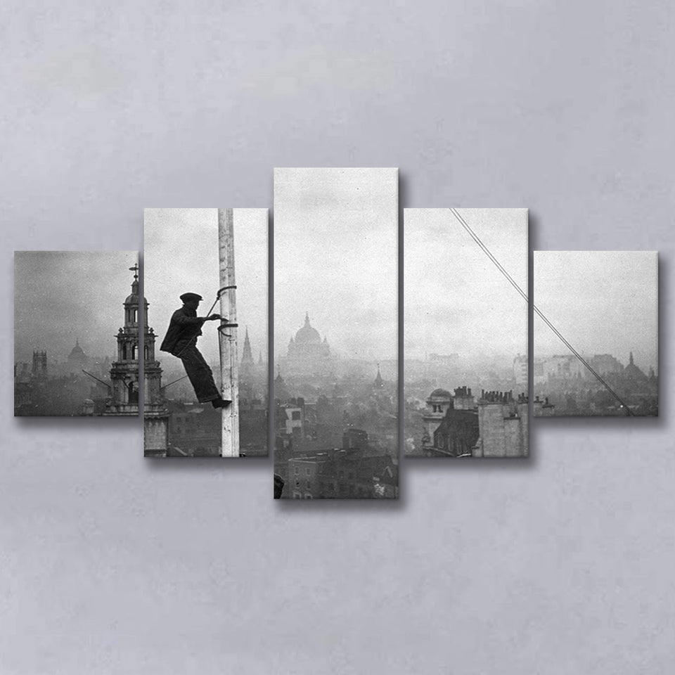 London Cityscape Black And White Print, City Worker Vintage 5 Panels, Canvas Prints Wall Art Decor, Large Canvas Art