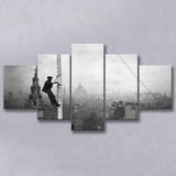London Cityscape Black And White Print, City Worker Vintage 5 Panels, Canvas Prints Wall Art Decor, Large Canvas Art