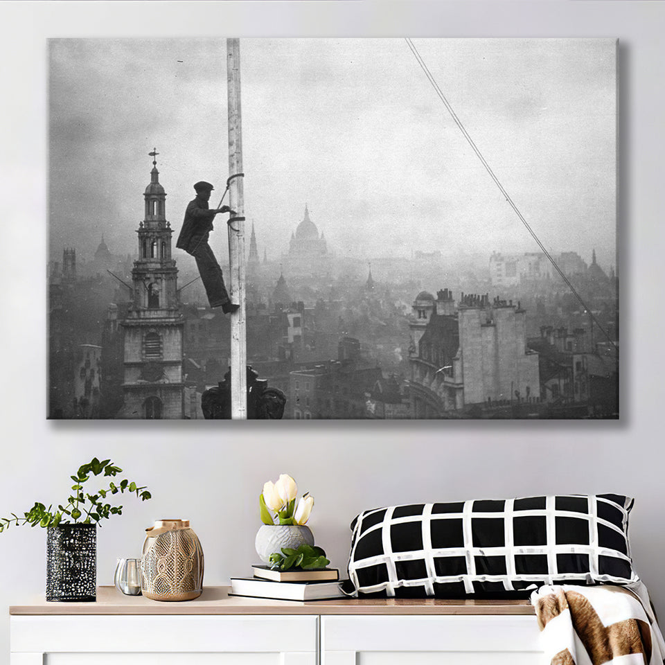 London Cityscape Black And White Print, City Worker Vintage Canvas Prints Wall Art Home Decor