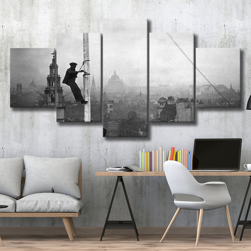 London Cityscape Black And White Print, City Worker Vintage 5 Panels, Canvas Prints Wall Art Decor, Large Canvas Art