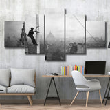 London Cityscape Black And White Print, City Worker Vintage 5 Panels, Canvas Prints Wall Art Decor, Large Canvas Art
