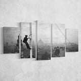 London Cityscape Black And White Print, City Worker Vintage 5 Panels, Canvas Prints Wall Art Decor, Large Canvas Art