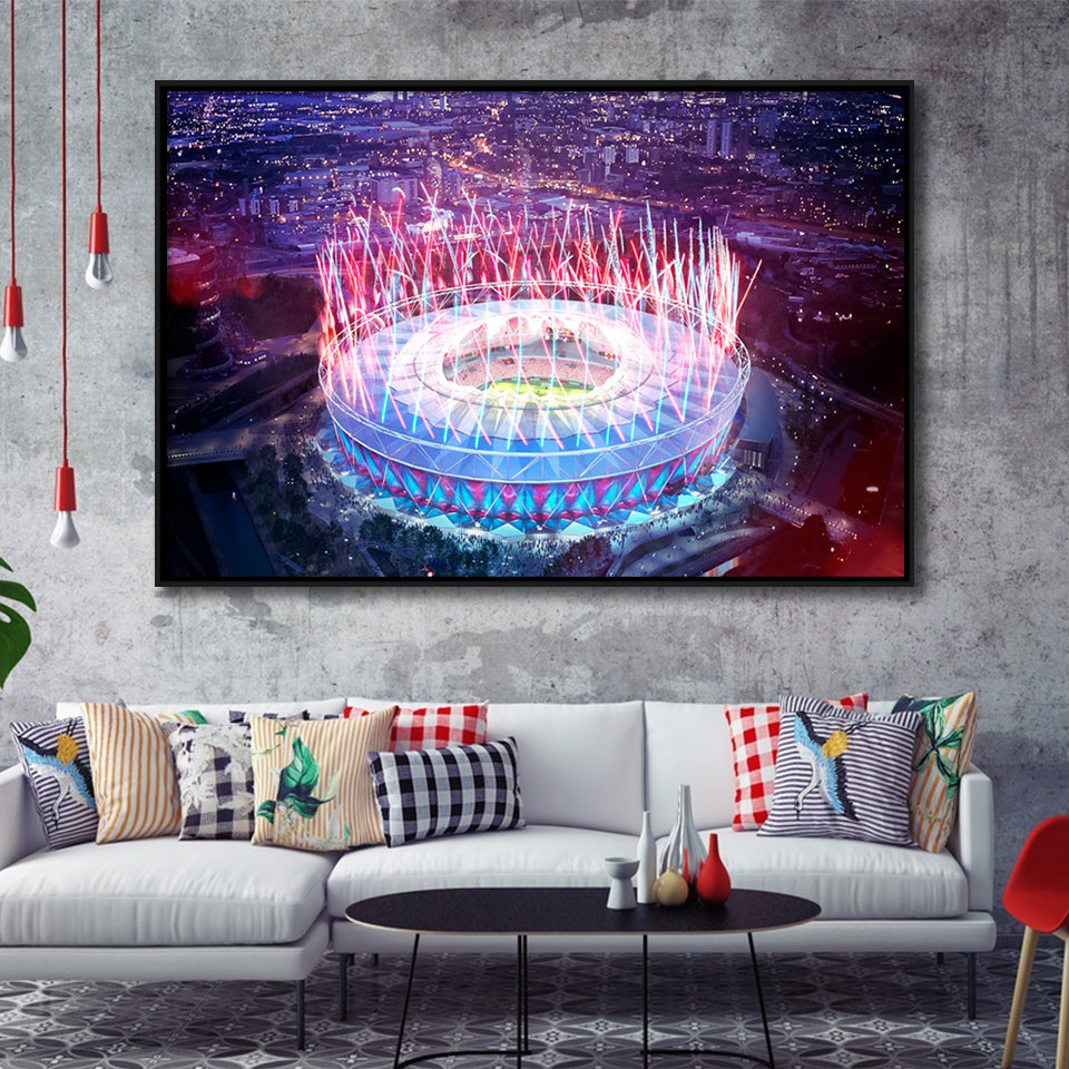 London Stadium, Aerial View, Fireworks, Night Framed Canvas Prints Wall Art - Painting Canvas, Wall Decor,Floating Frame