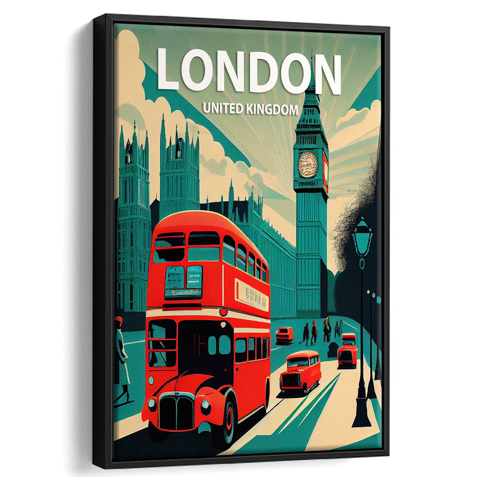 London UK Retro Art Print, Large Canvas, Framed Canvas Print Wall Art Home Decor, Floating Frame
