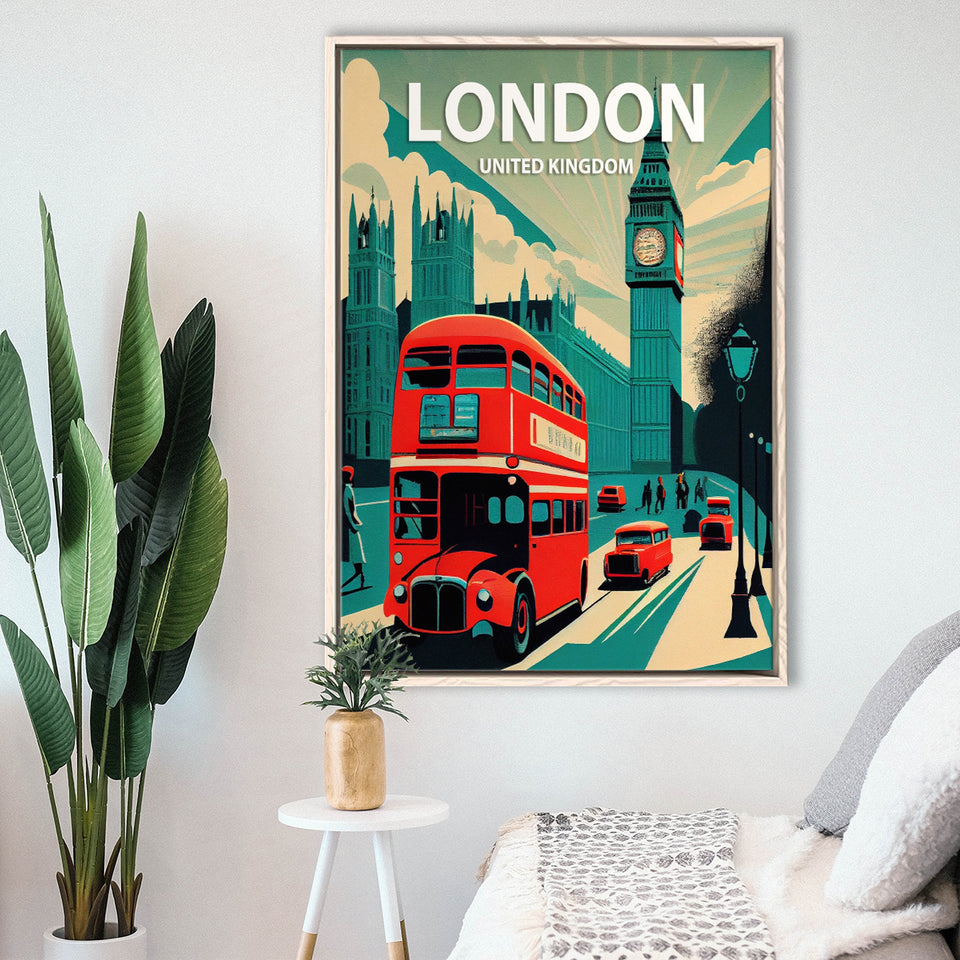 London UK Retro Art Print, Large Canvas, Framed Canvas Print Wall Art Home Decor, Floating Frame