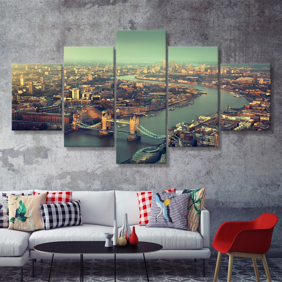 London aerial view with Tower Bridge in sunset time 5 Pieces Canvas Prints Wall Art - Painting Canvas, Multi Panels, Wall Decor