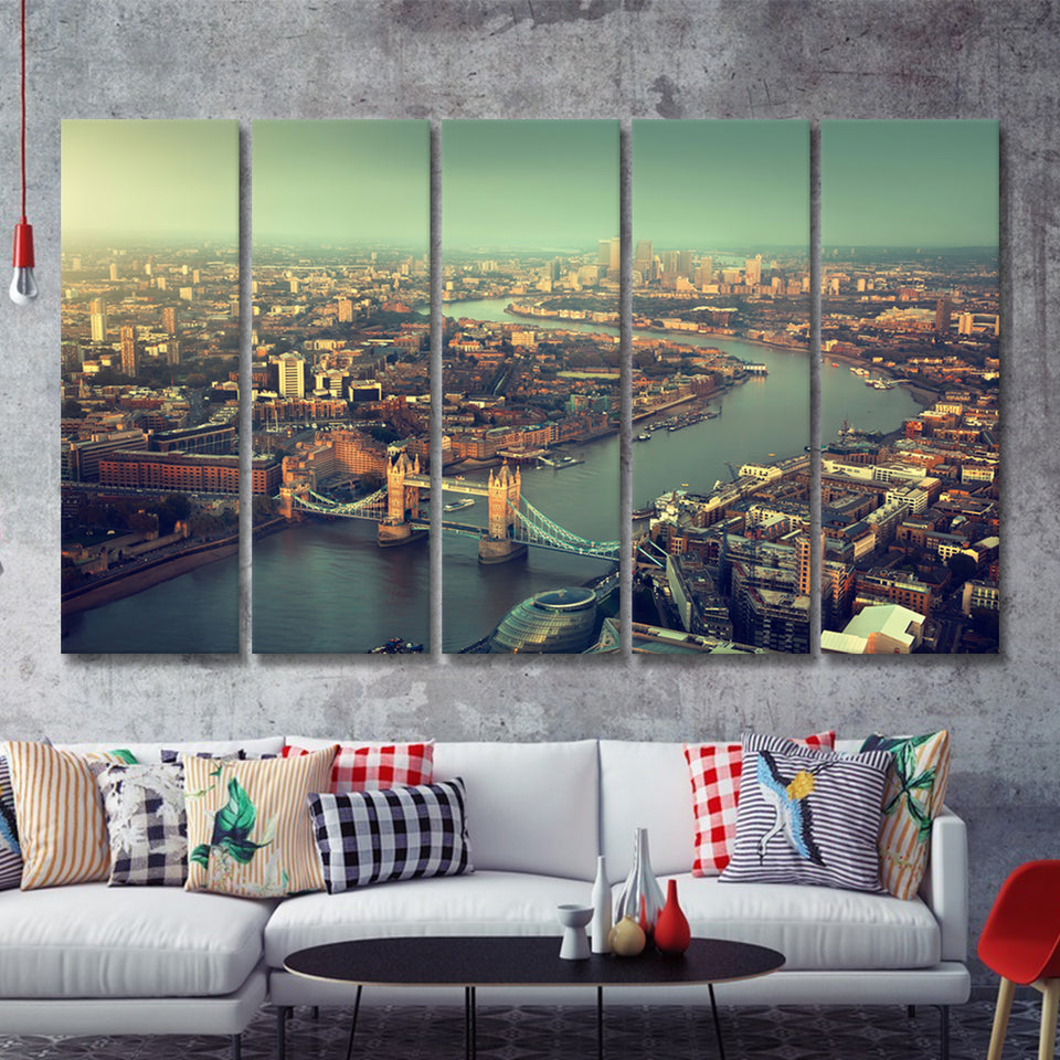London aerial view with Tower Bridge in sunset time 5 Pieces Canvas Prints Wall Art - Painting Canvas, Multi Panels, Wall Decor