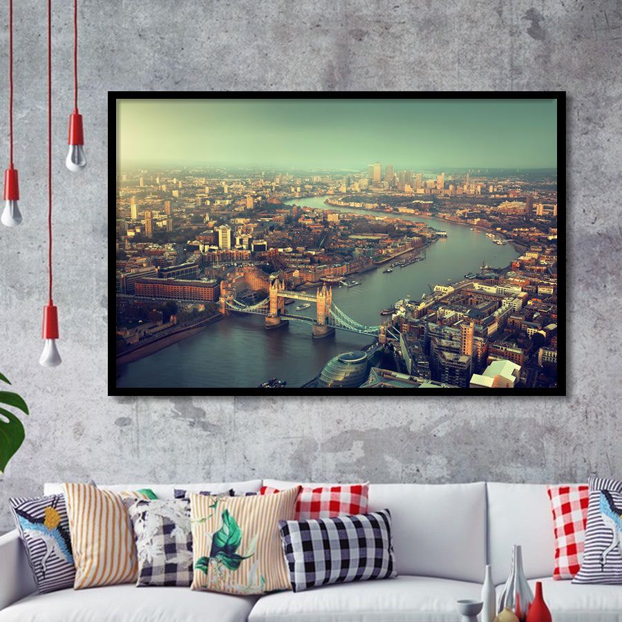 London aerial view with Tower Bridge in sunset time Framed Art Prints Wall Decor - Painting Art, Wall Art, Home Decor