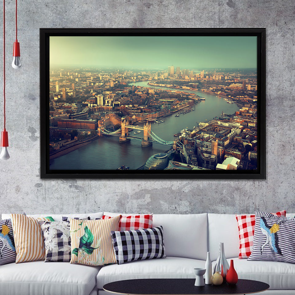 London aerial view with Tower Bridge in sunset time Framed Canvas Prints Wall Art - Painting Canvas, Wall Decor, Home Decor