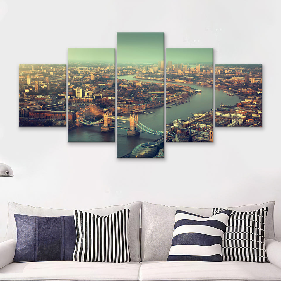 London aerial view with Tower Bridge in sunset time 5 Pieces Canvas Prints Wall Art - Painting Canvas, Multi Panels, Wall Decor