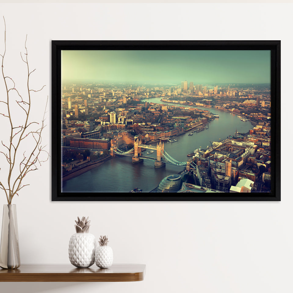 London aerial view with Tower Bridge in sunset time Framed Canvas Prints Wall Art - Painting Canvas, Wall Decor, Home Decor