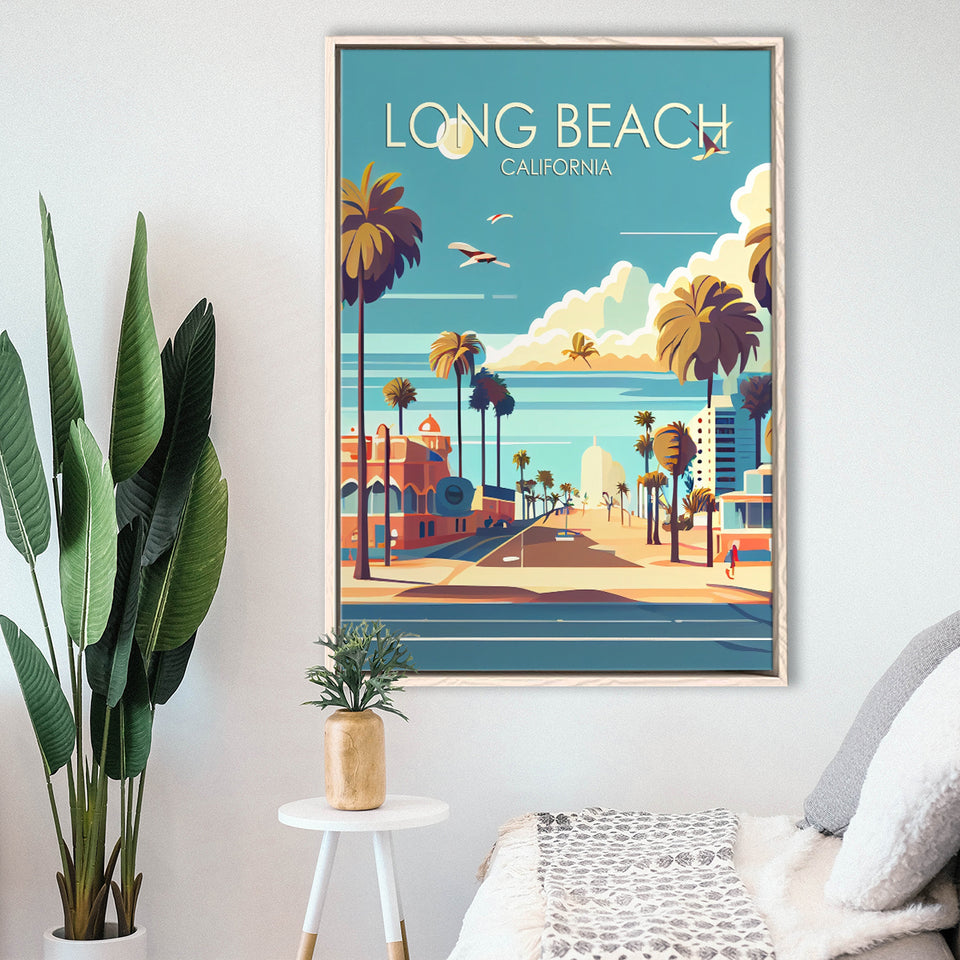 Long Beach California Retro Art Print, Large Canvas, Framed Canvas Print Wall Art Home Decor, Floating Frame