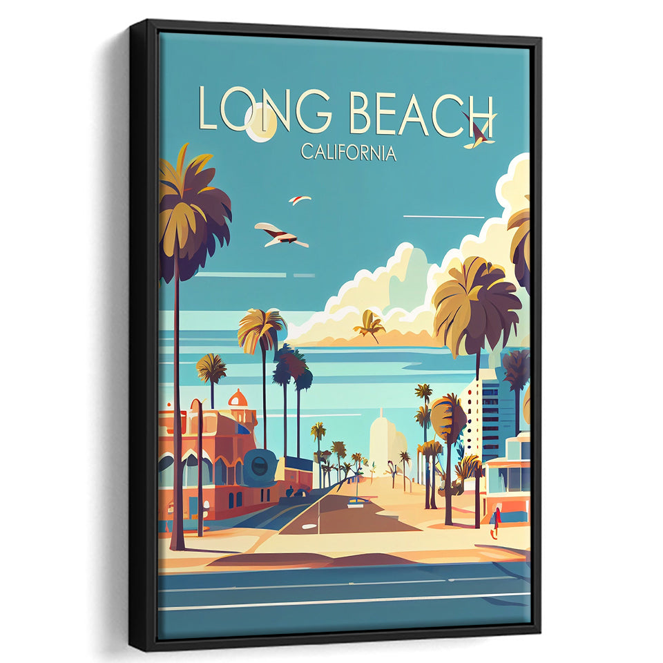 Long Beach California Retro Art Print, Large Canvas, Framed Canvas Print Wall Art Home Decor, Floating Frame