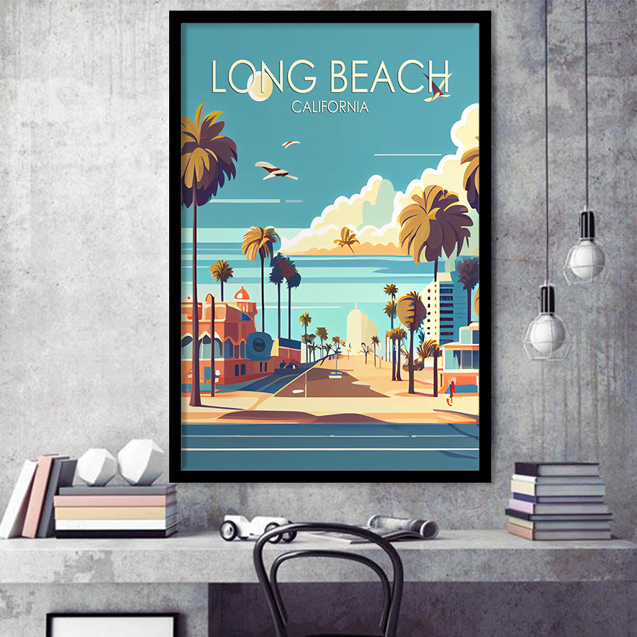 Long Beach California Retro Art Print, City Art Print, Framed Art Print Wall Art Home Decor, Framed Picture