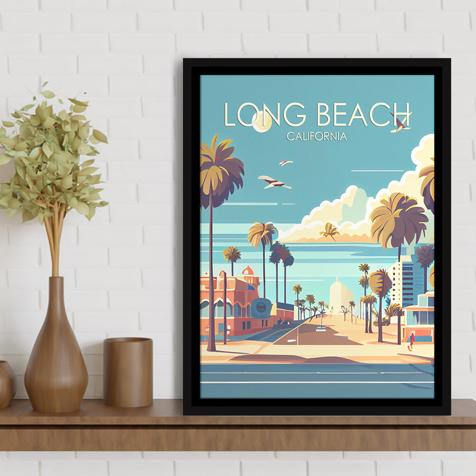 Long Beach California Retro Art Print, Large Canvas, Framed Canvas Print Wall Art Home Decor, Floating Frame