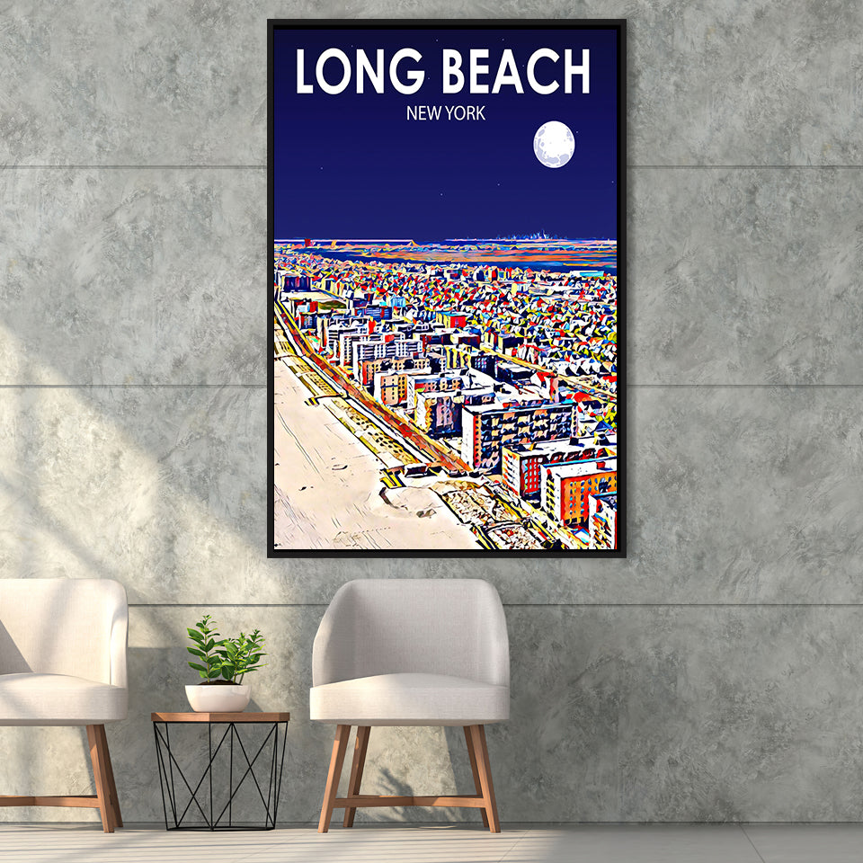 Long Beach NY Art New York Night Landscape, Large Canvas, Framed Canvas Print Wall Art Home Decor, Floating Frame