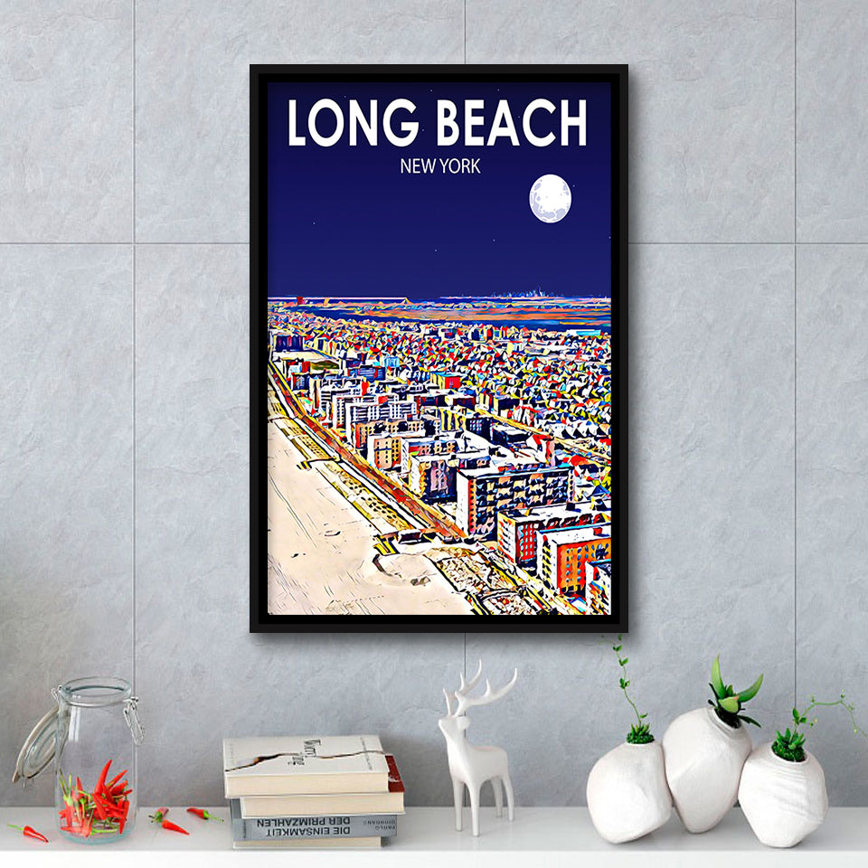 Long Beach NY Art New York Night Landscape, Large Canvas, Framed Canvas Print Wall Art Home Decor, Floating Frame