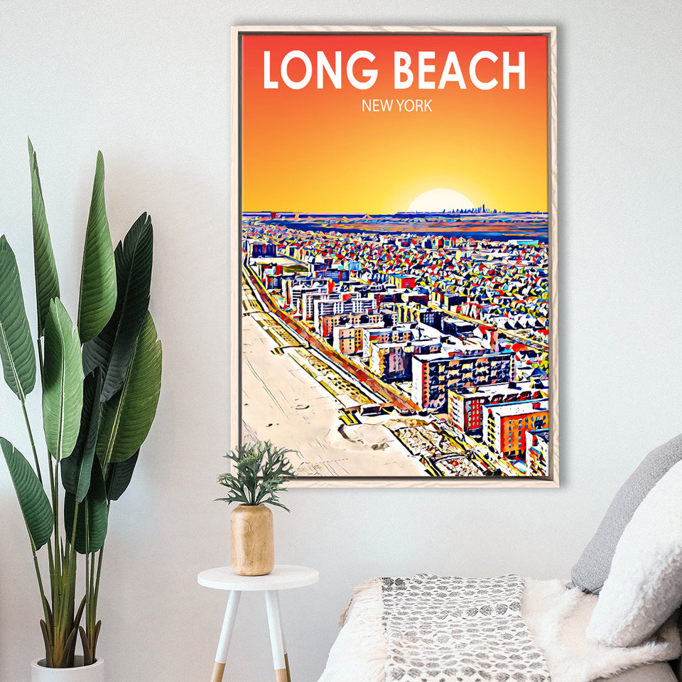 Long Beach NY Art New York Sunset Landscape, Large Canvas, Framed Canvas Print Wall Art Home Decor, Floating Frame