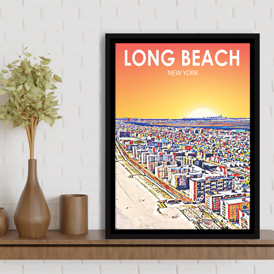 Long Beach NY Art New York Sunset Landscape, Large Canvas, Framed Canvas Print Wall Art Home Decor, Floating Frame