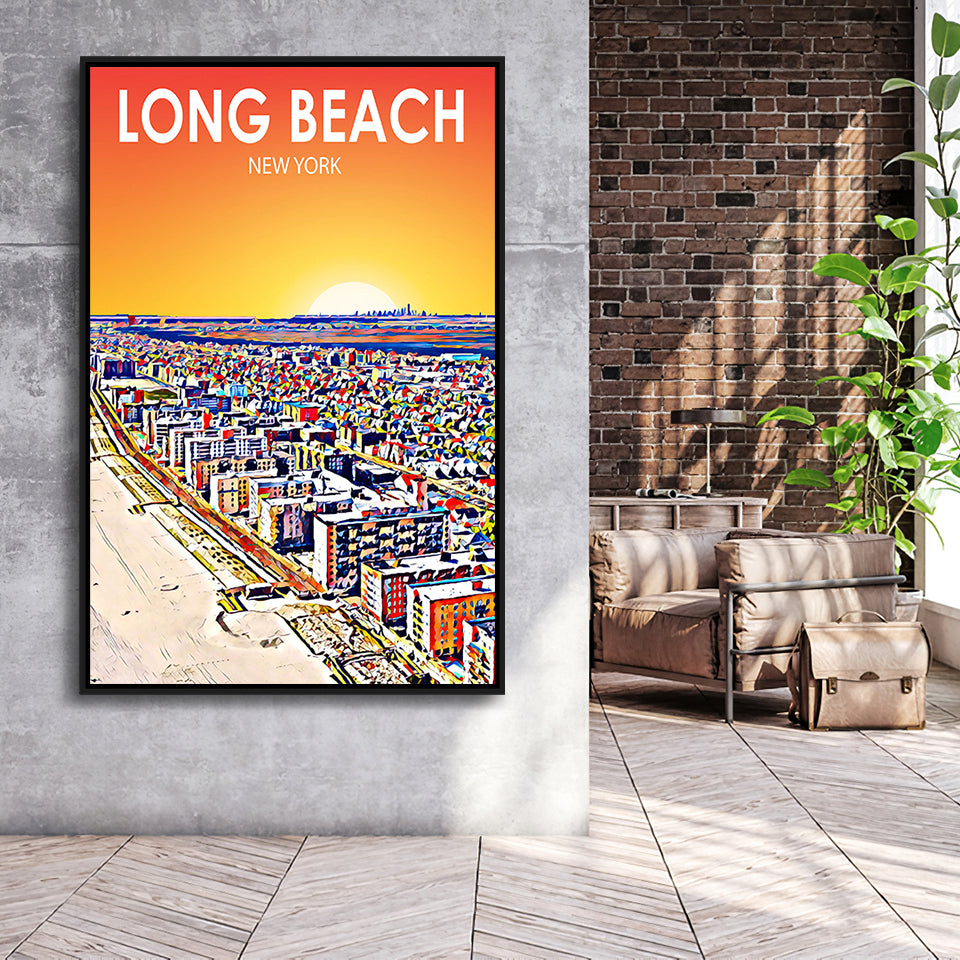 Long Beach NY Art New York Sunset Landscape, Large Canvas, Framed Canvas Print Wall Art Home Decor, Floating Frame