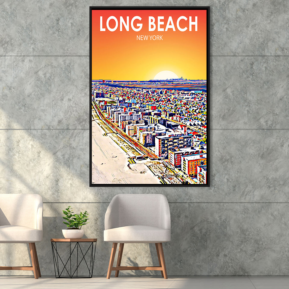 Long Beach NY Art New York Sunset Landscape, Large Canvas, Framed Canvas Print Wall Art Home Decor, Floating Frame