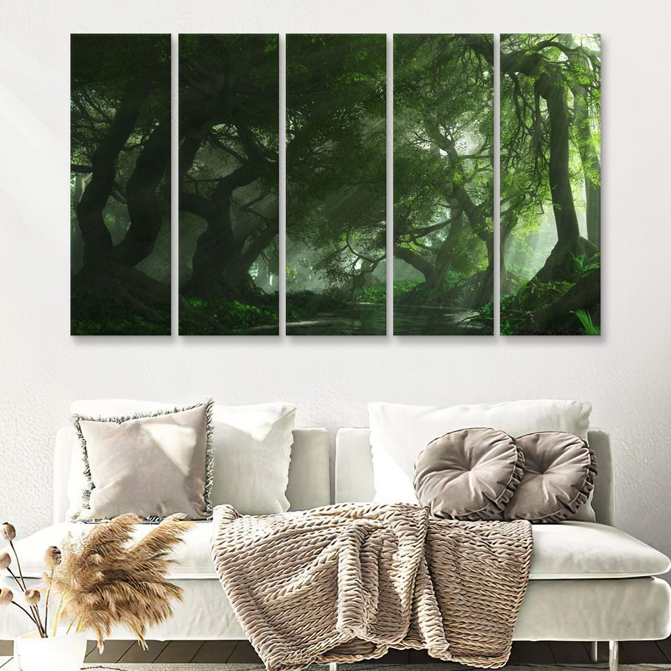 Long Big Tree Forest And A River 5 Pieces B Canvas Prints Wall Art - Painting Canvas, Multi Panels,5 Panel, Wall Decor