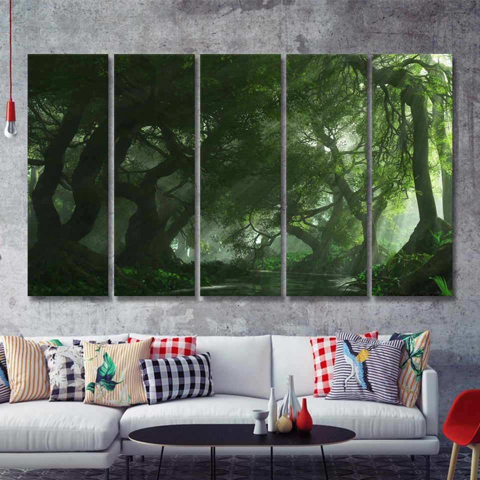 Long Big Tree Forest And A River 5 Pieces B Canvas Prints Wall Art - Painting Canvas, Multi Panels,5 Panel, Wall Decor