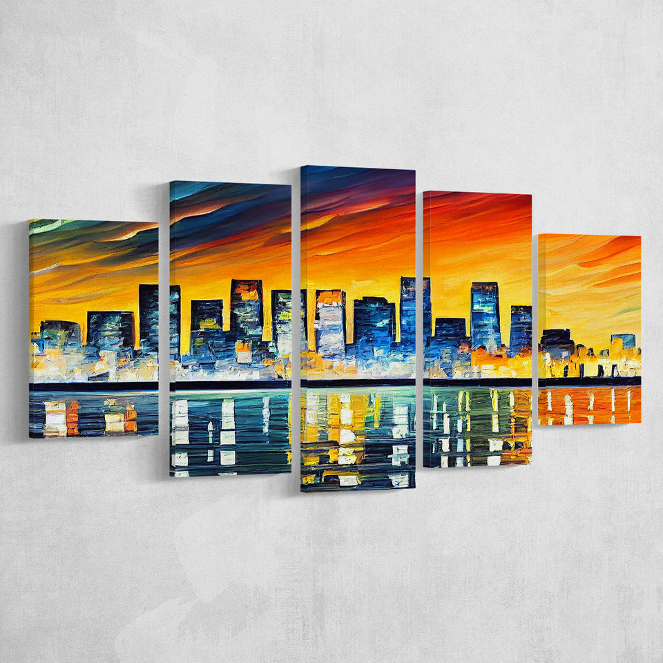 Long beach California Skyline Long beach Painting Wall Art, 5 Pieces, Multi Panel Canvas Prints Wall Art Decor