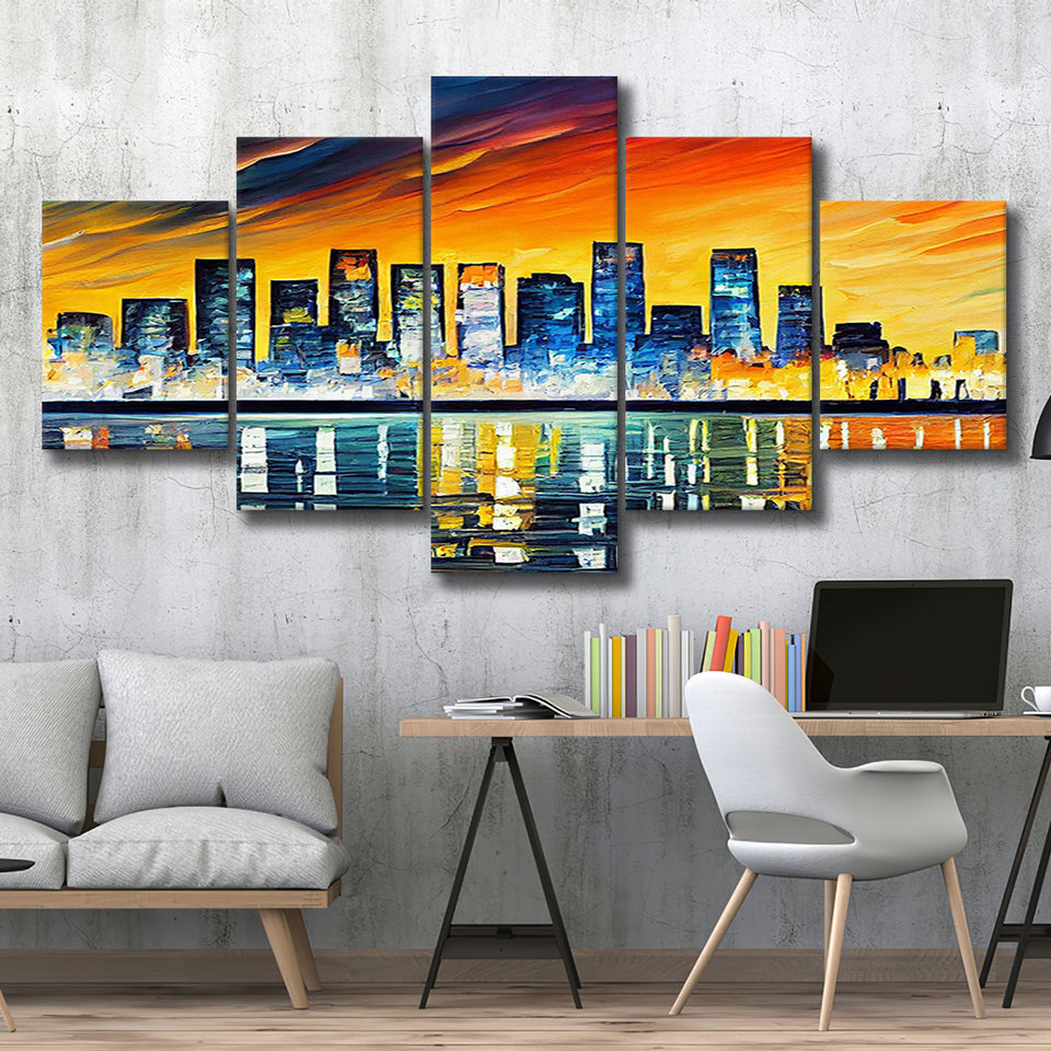 Long beach California Skyline Long beach Painting Wall Art, 5 Pieces, Multi Panel Canvas Prints Wall Art Decor