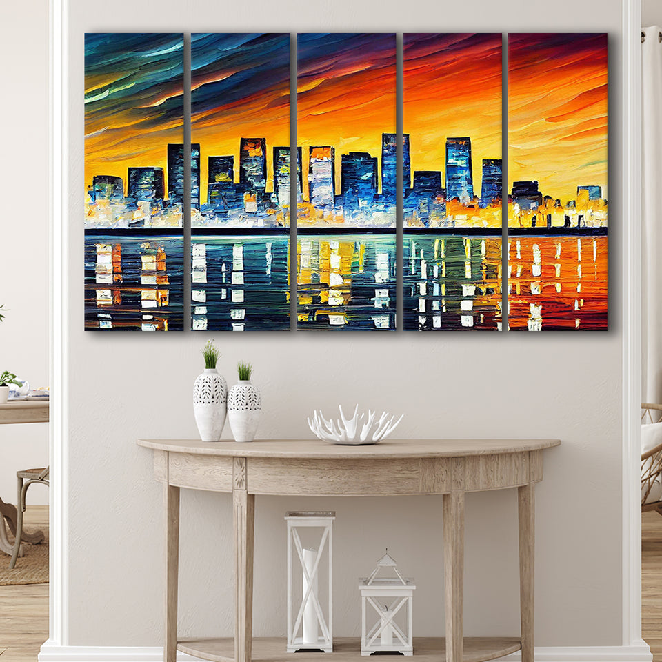 Long beach California Skyline Long beach Painting Wall Art, 5 Pieces B, Multi Panel Canvas Prints Wall Art Decor