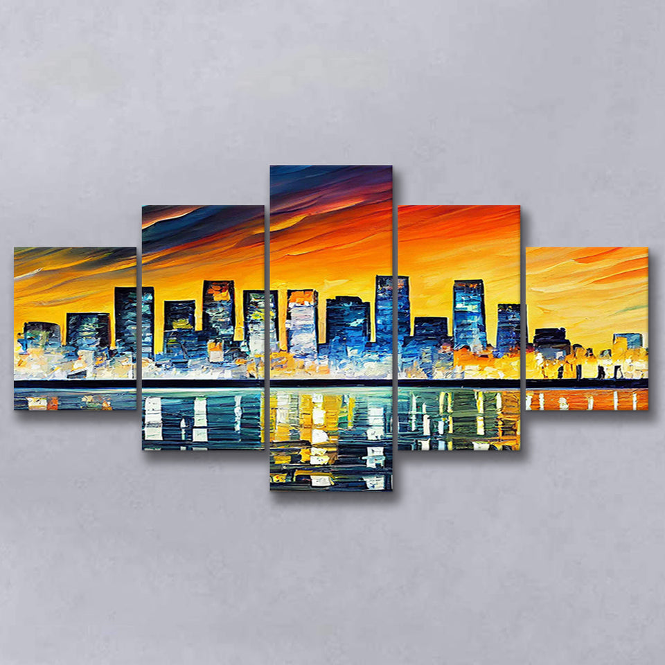 Long beach California Skyline Long beach Painting Wall Art, 5 Pieces, Multi Panel Canvas Prints Wall Art Decor