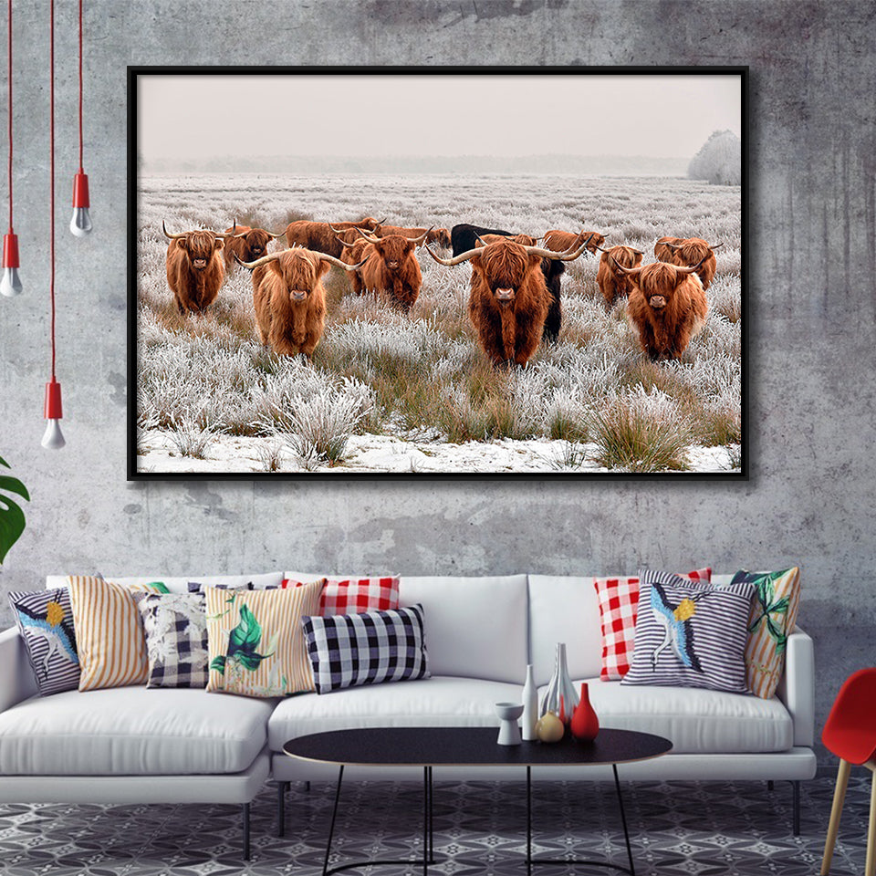 Longhorn Cow Framed Canvas Prints Wall Art Decor, Framed Picture, Floating Frame