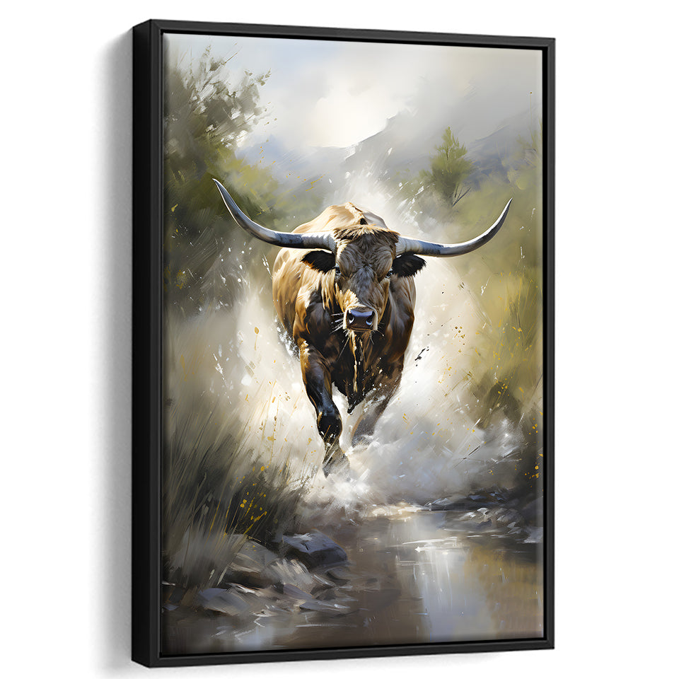 Longhorn Cow Painting Framed Canvas Prints Wall Art Home Decor, Painting Canvas, Floating Frame