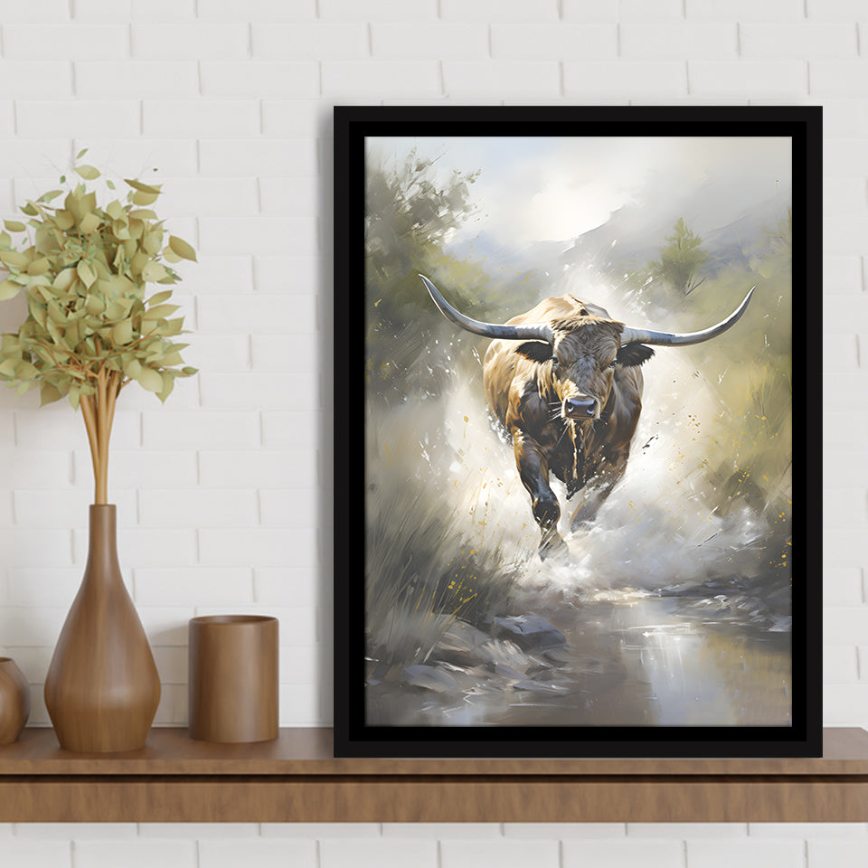 Longhorn Cow Painting Framed Canvas Prints Wall Art Home Decor, Painting Canvas, Floating Frame