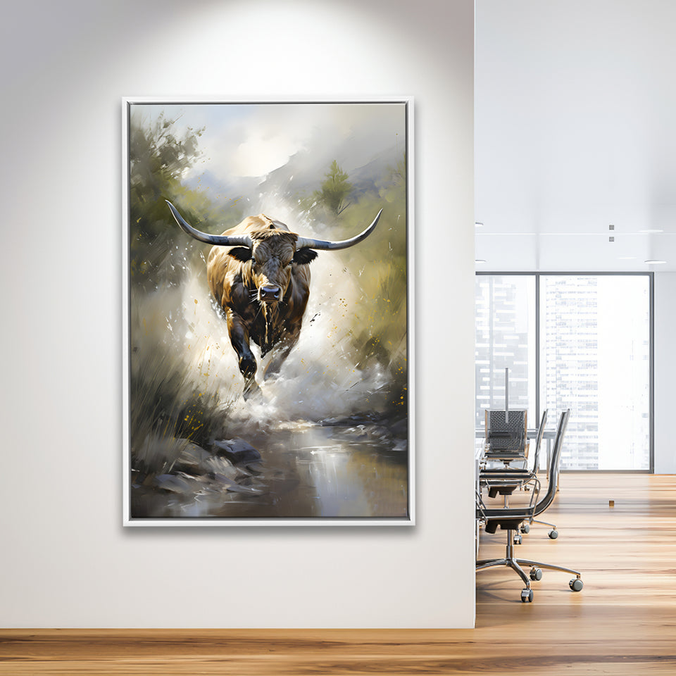 Longhorn Cow Painting Framed Canvas Prints Wall Art Home Decor, Painting Canvas, Floating Frame