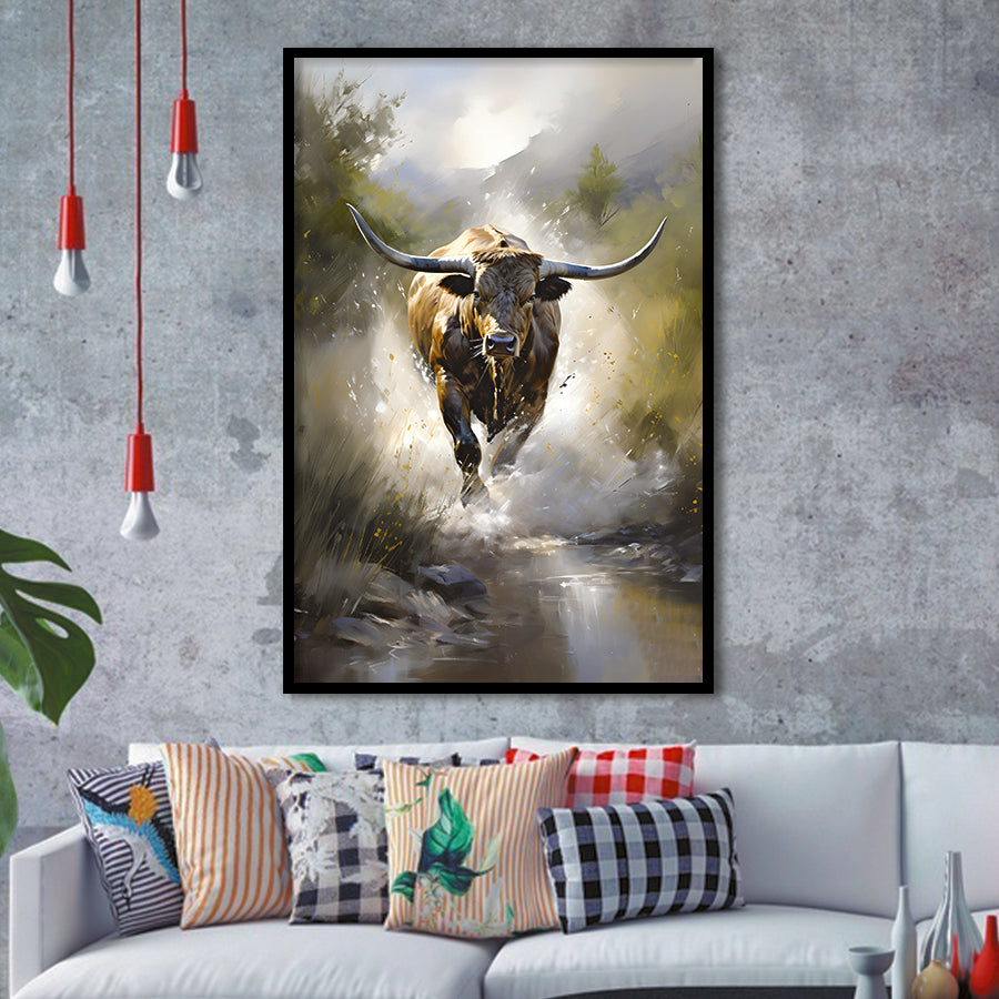 Longhorn Cow Painting Framed Art Prints Wall Decor, Painting Art, Framed Picture