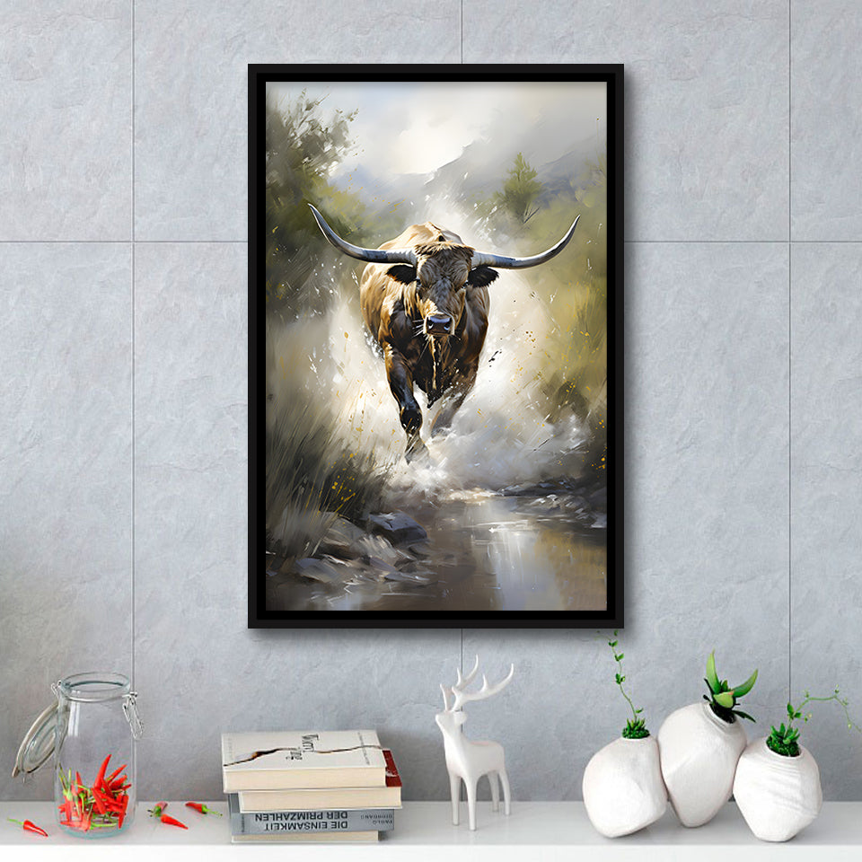 Longhorn Cow Painting Framed Canvas Prints Wall Art Home Decor, Painting Canvas, Floating Frame