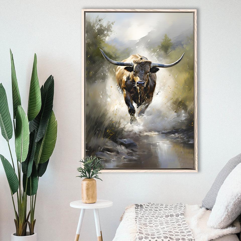 Longhorn Cow Painting Framed Canvas Prints Wall Art Home Decor, Painting Canvas, Floating Frame