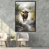 Longhorn Cow Painting Framed Canvas Prints Wall Art Home Decor, Painting Canvas, Floating Frame