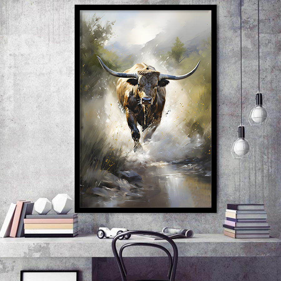 Longhorn Cow Painting Framed Art Prints Wall Decor, Painting Art, Framed Picture