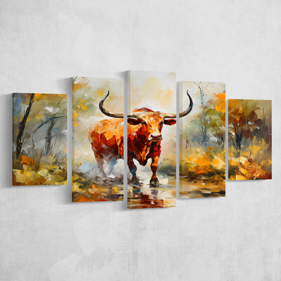 Longhorn Bull Portrait In The Forest 5 Panels Canvas Prints Wall Art Home Decor, Large Mixed Canvas
