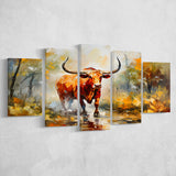 Longhorn Bull Portrait In The Forest 5 Panels Canvas Prints Wall Art Home Decor, Large Mixed Canvas
