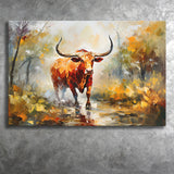 Longhorn Bull Portrait In The Forest Canvas Prints Wall Art Home Decor, Painting Canvas, Living Room Wall Decor