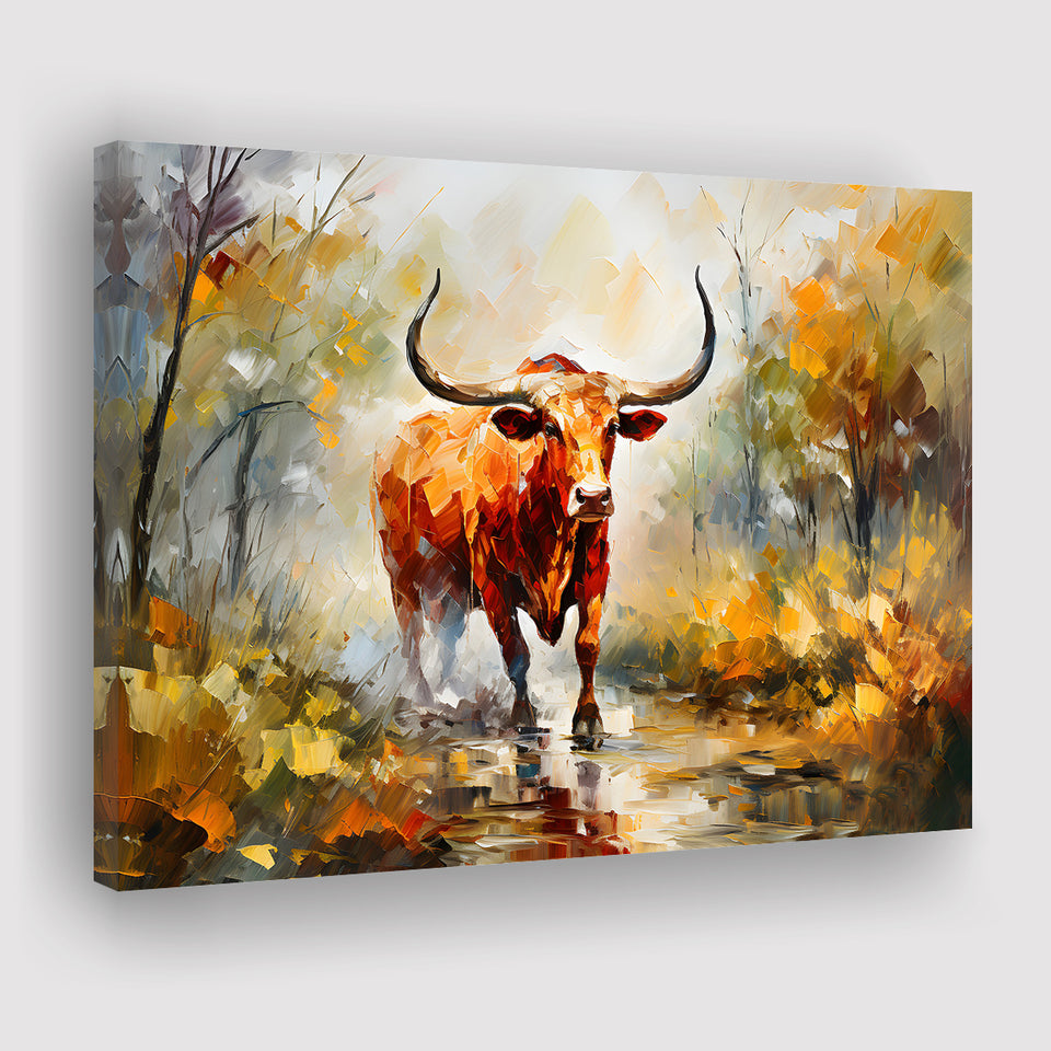 Longhorn Bull Portrait In The Forest Canvas Prints Wall Art Home Decor, Painting Canvas, Living Room Wall Decor