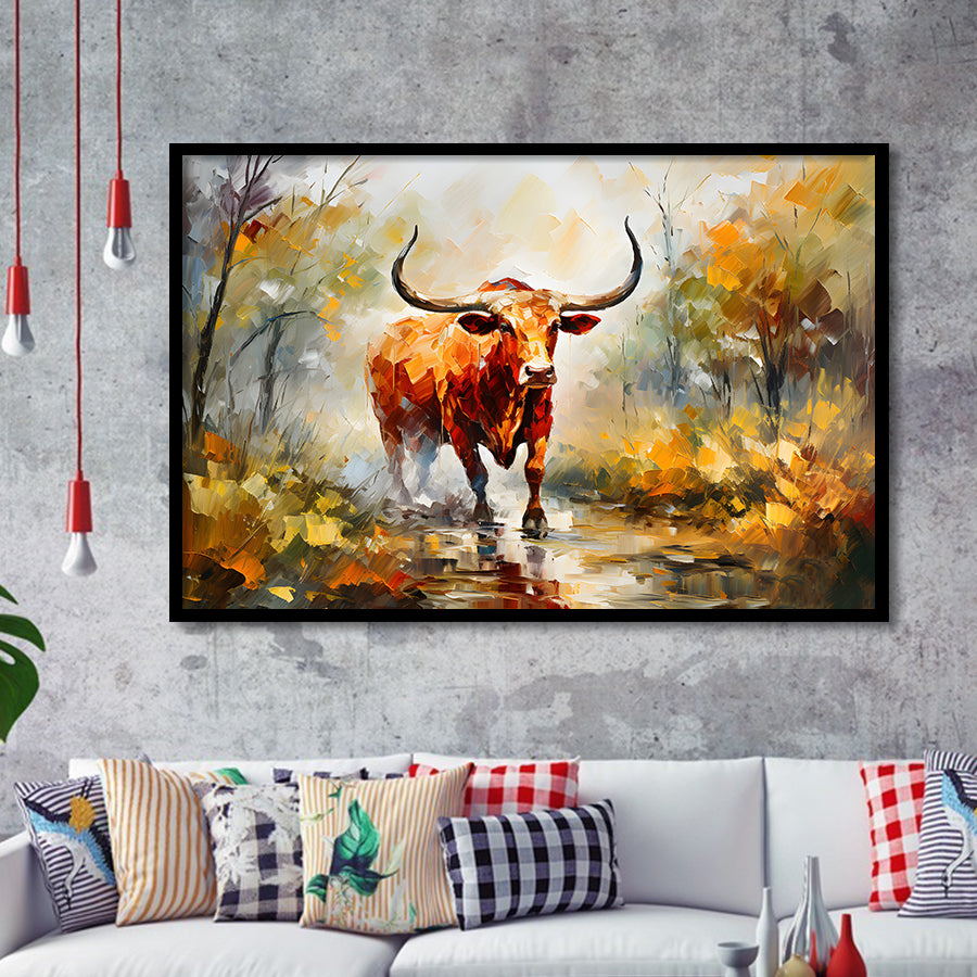Longhorn Bull Portrait In The Forest Framed Art Prints Wall Decor, Painting Art, Framed Picture