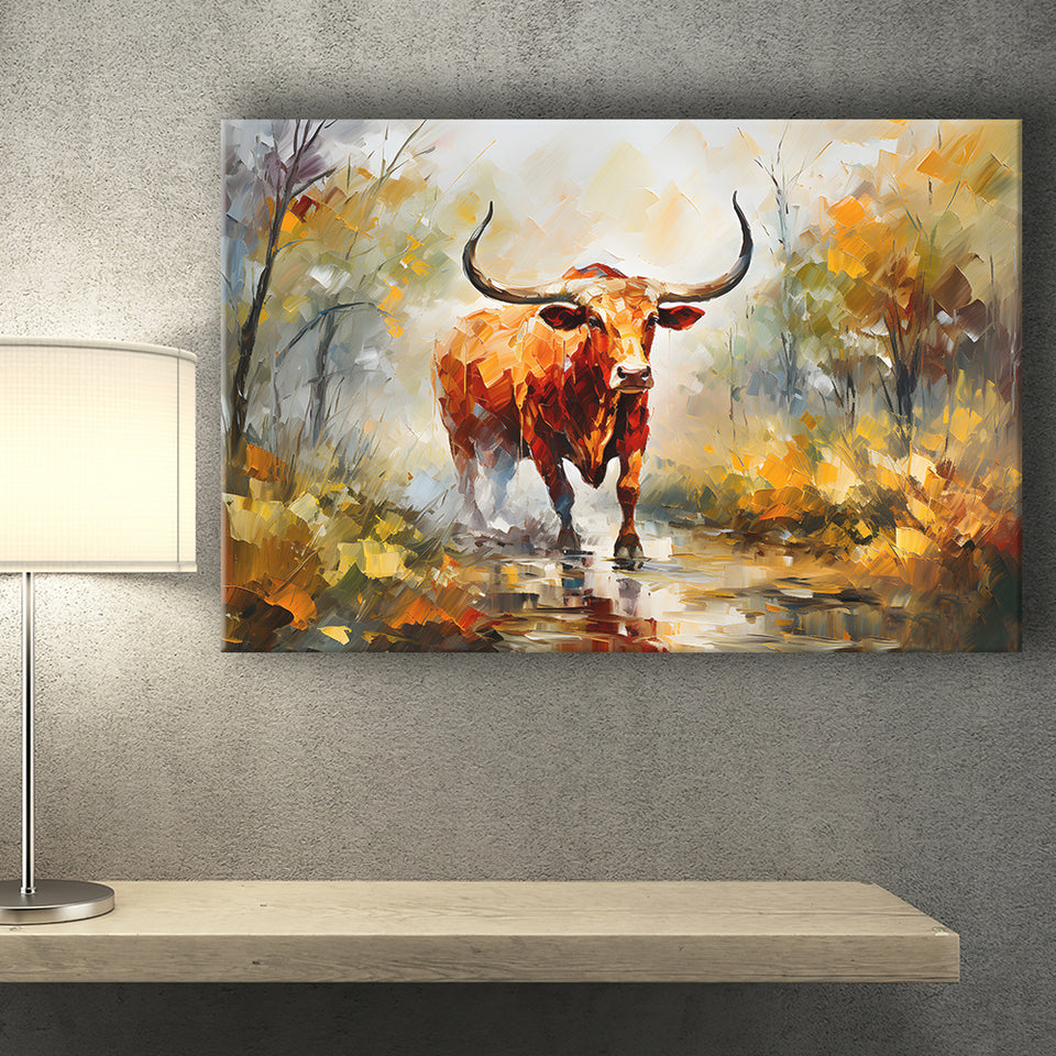 Longhorn Bull Portrait In The Forest Canvas Prints Wall Art Home Decor, Painting Canvas, Living Room Wall Decor