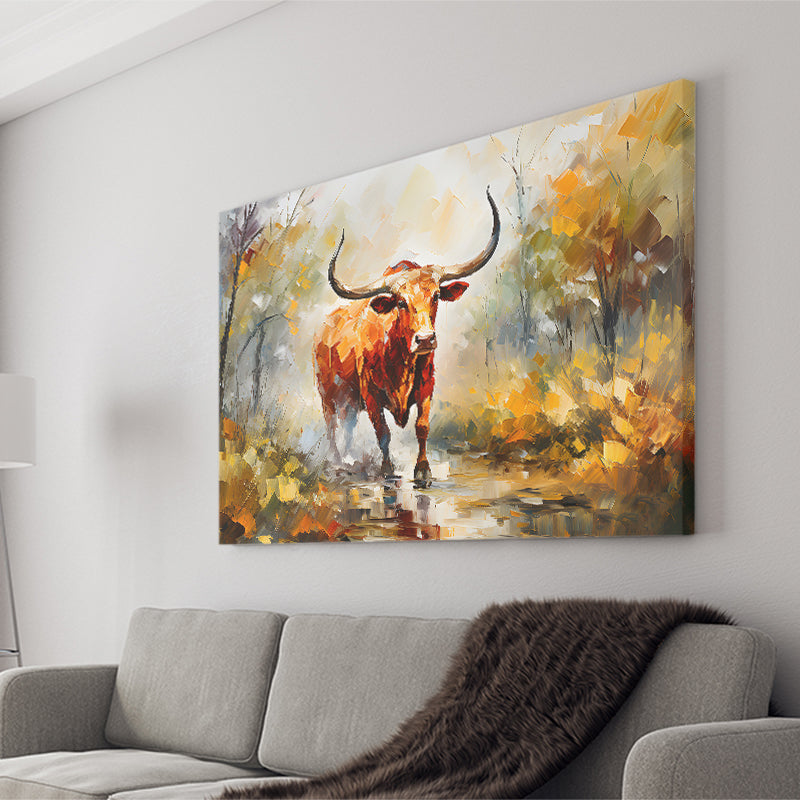 Longhorn Bull Portrait In The Forest Canvas Prints Wall Art Home Decor, Painting Canvas, Living Room Wall Decor