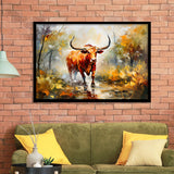Longhorn Bull Portrait In The Forest Framed Art Prints Wall Decor, Painting Art, Framed Picture