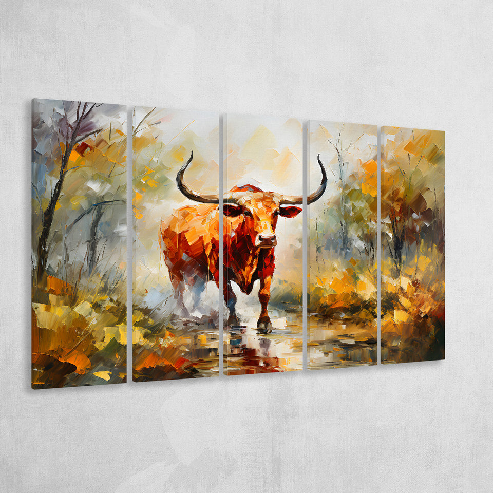 Longhorn Bull Portrait In The Forest 5 Panels B Canvas Prints Wall Art Home Decor, Extra Large Canvas